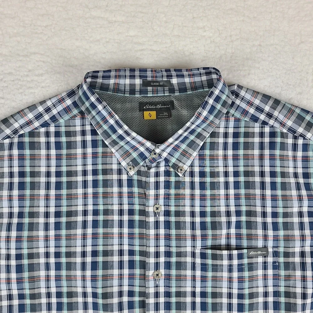 Eddie Bauer Shirt Mens 2XL XXL Blue‎ Plaid Classic Fit TraveX Button Up